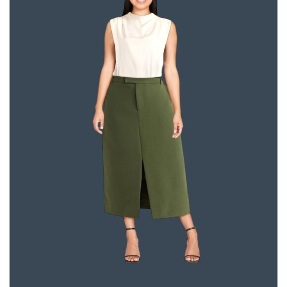 Scoop- Olive Green Women's Midi Skirt with Front Slit & Belt Loops Size 10 - Picture 3 of 7